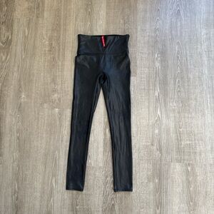 Spanx By Sara Blakely Shimmer Gloss Faux Leather Black Leggings Size S Petite